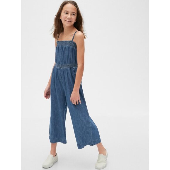 Girls' GAP Deep Blue Wash Cotton Denim Wide Leg Cropped Jumpsuit, Size S (6-7) - Picture 1 of 8